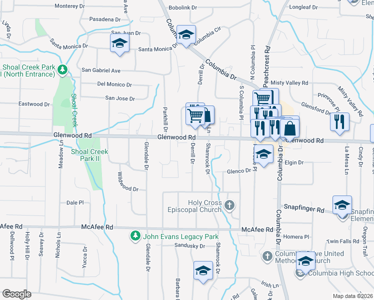 map of restaurants, bars, coffee shops, grocery stores, and more near 1863 Derrill Drive in Decatur