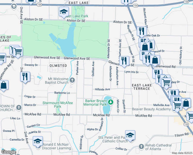 map of restaurants, bars, coffee shops, grocery stores, and more near 550 Quillian Avenue in Decatur