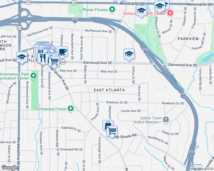 map of restaurants, bars, coffee shops, grocery stores, and more near 1584 Van Vleck Avenue Southeast in Atlanta