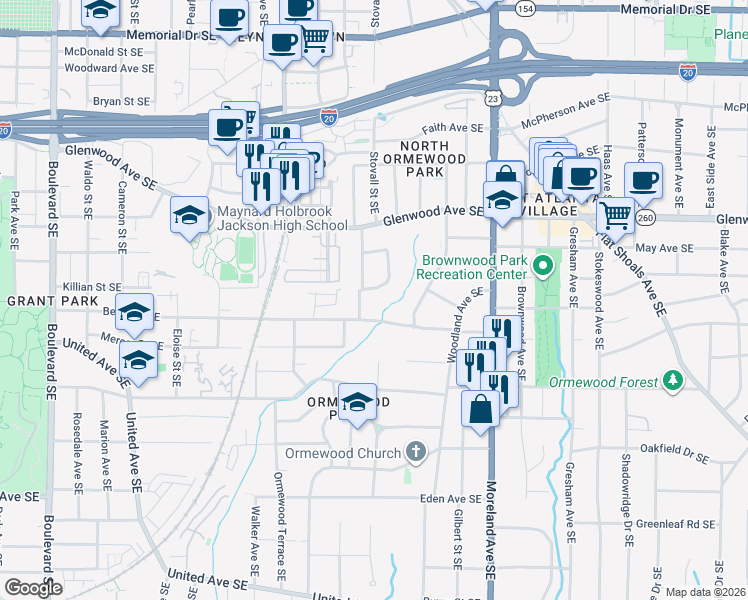 map of restaurants, bars, coffee shops, grocery stores, and more near 620 Warwick Street Southeast in Atlanta