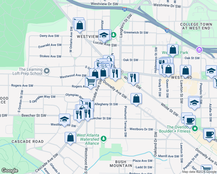 map of restaurants, bars, coffee shops, grocery stores, and more near 1420 Donnelly Avenue Southwest in Atlanta