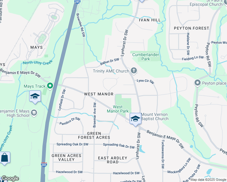 map of restaurants, bars, coffee shops, grocery stores, and more near 3219 West Manor Lane Southwest in Atlanta