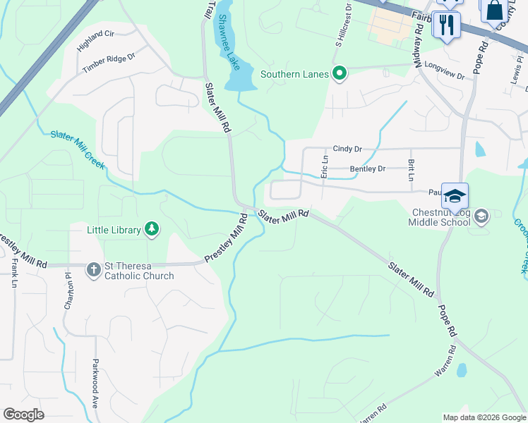 map of restaurants, bars, coffee shops, grocery stores, and more near 2505 Slater Mill Road in Douglasville