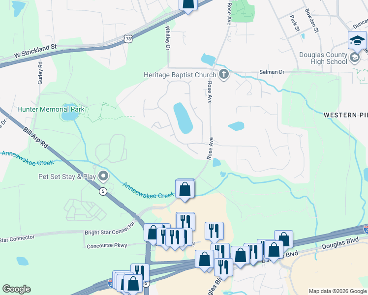 map of restaurants, bars, coffee shops, grocery stores, and more near 8919 Elina Rose in Douglasville