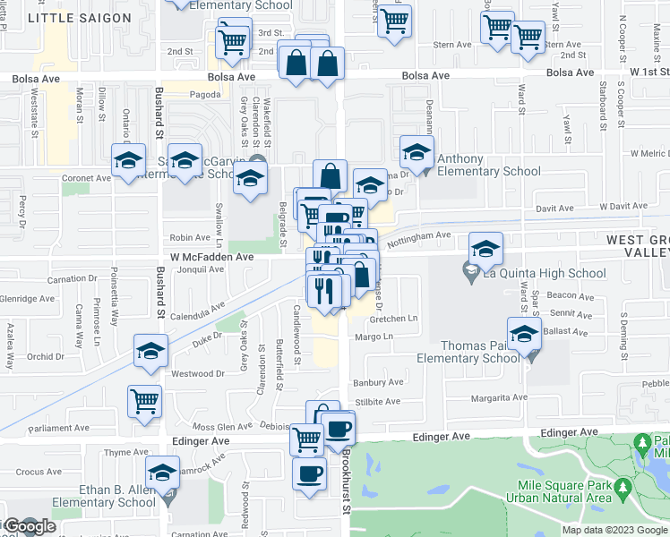 map of restaurants, bars, coffee shops, grocery stores, and more near 15521 Brookhurst Street in Westminster