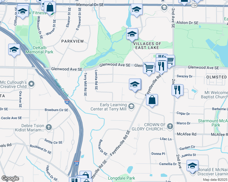 map of restaurants, bars, coffee shops, grocery stores, and more near 1938 Lomita Road Southeast in Atlanta