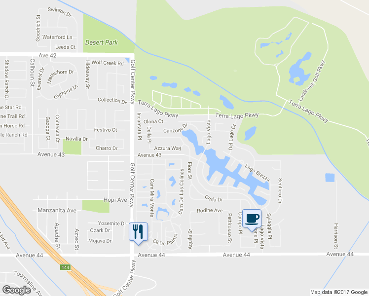 map of restaurants, bars, coffee shops, grocery stores, and more near 84285 Tramonto Way in Indio