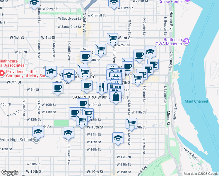 map of restaurants, bars, coffee shops, grocery stores, and more near 525 West 8th Street in Los Angeles