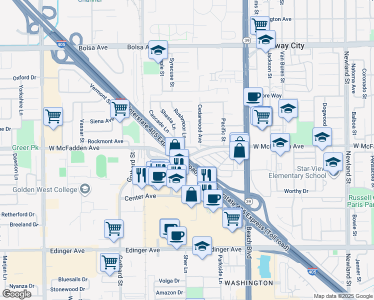 map of restaurants, bars, coffee shops, grocery stores, and more near 15621 Beach Boulevard in Westminster