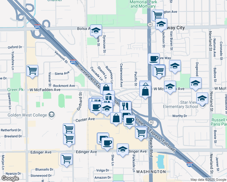 map of restaurants, bars, coffee shops, grocery stores, and more near 7736 Sugar drive in Huntington Beach