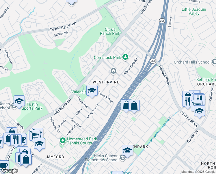 map of restaurants, bars, coffee shops, grocery stores, and more near 86 Legacy Way in Irvine