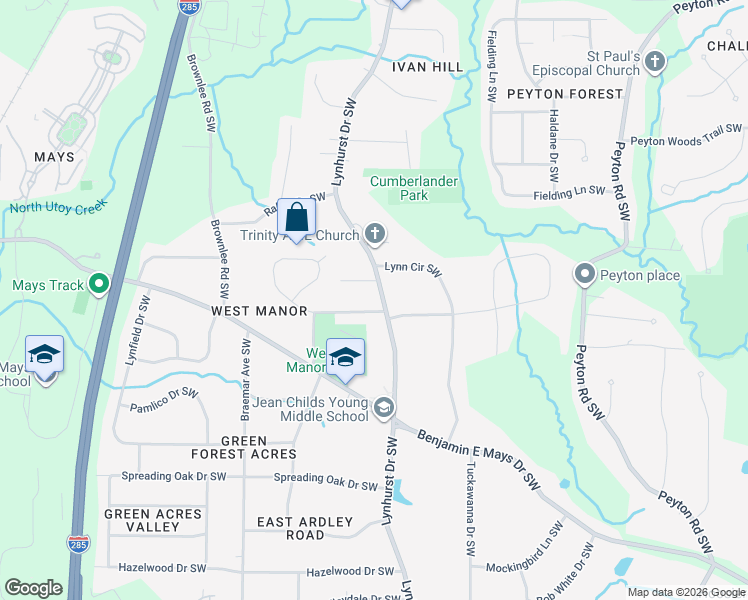 map of restaurants, bars, coffee shops, grocery stores, and more near 3156 West Manor Circle Southwest in Atlanta