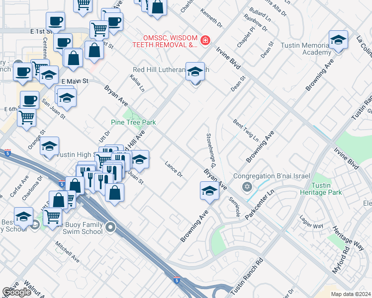 map of restaurants, bars, coffee shops, grocery stores, and more near 1702 Saybrook Lane in Tustin