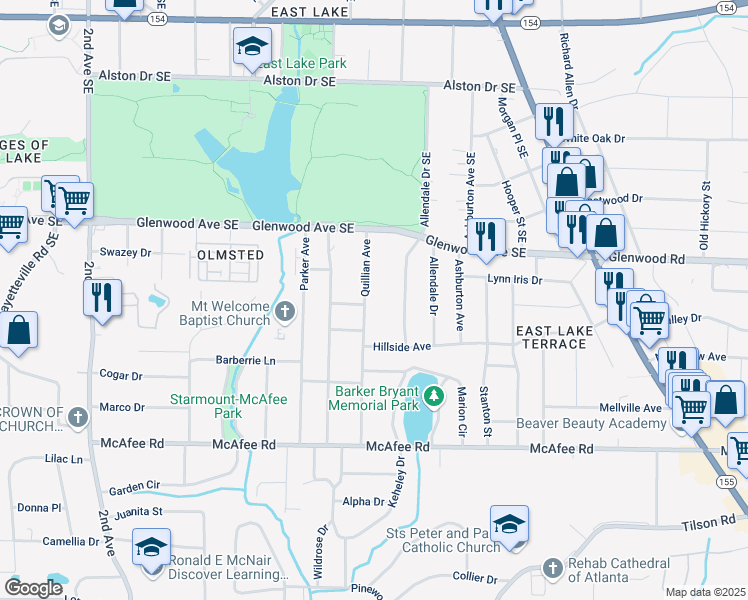 map of restaurants, bars, coffee shops, grocery stores, and more near 550 Quillian Avenue in Decatur