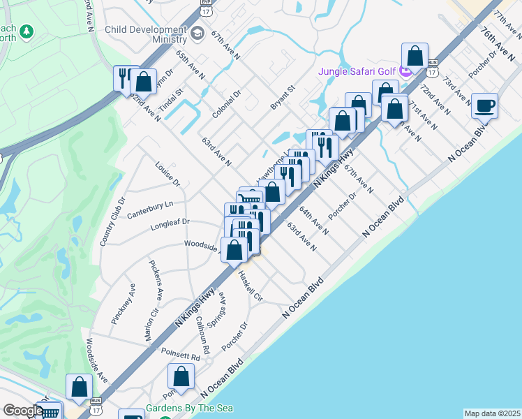 map of restaurants, bars, coffee shops, grocery stores, and more near 6105 North Kings Highway in Myrtle Beach