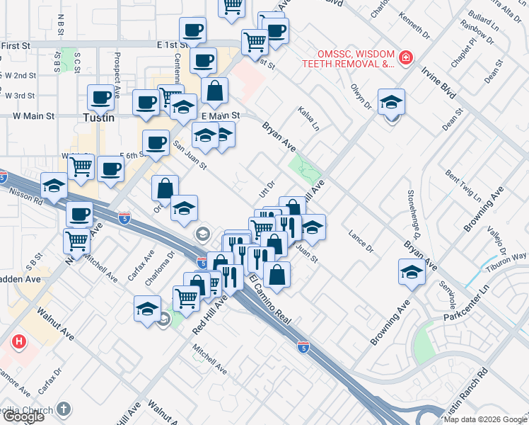 map of restaurants, bars, coffee shops, grocery stores, and more near 14181 Newport Avenue in Tustin