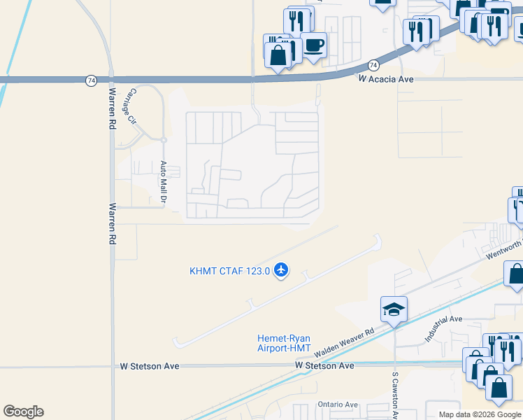 map of restaurants, bars, coffee shops, grocery stores, and more near 5001 West Florida Avenue in Hemet
