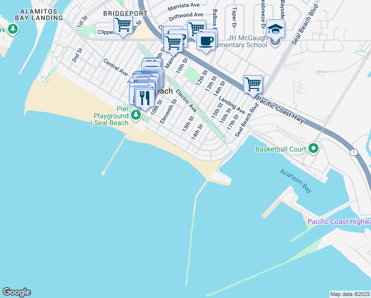 map of restaurants, bars, coffee shops, grocery stores, and more near 1319 East Seal Way in Seal Beach