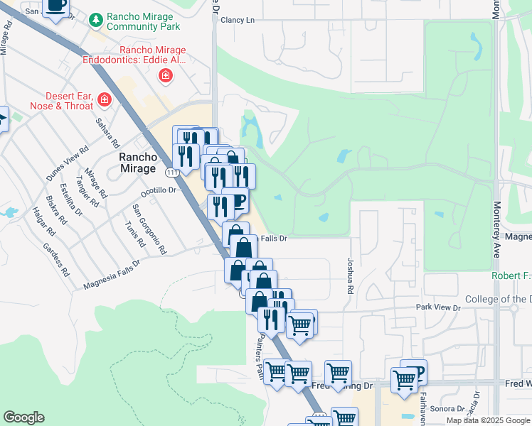 map of restaurants, bars, coffee shops, grocery stores, and more near Calle Encinitas in Rancho Mirage
