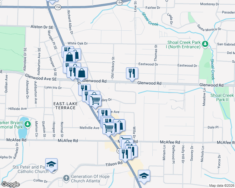 map of restaurants, bars, coffee shops, grocery stores, and more near 2790 Glenvalley Drive in Decatur