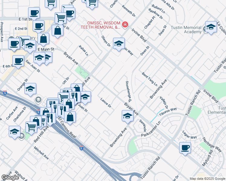map of restaurants, bars, coffee shops, grocery stores, and more near 1702 Saybrook Lane in Tustin
