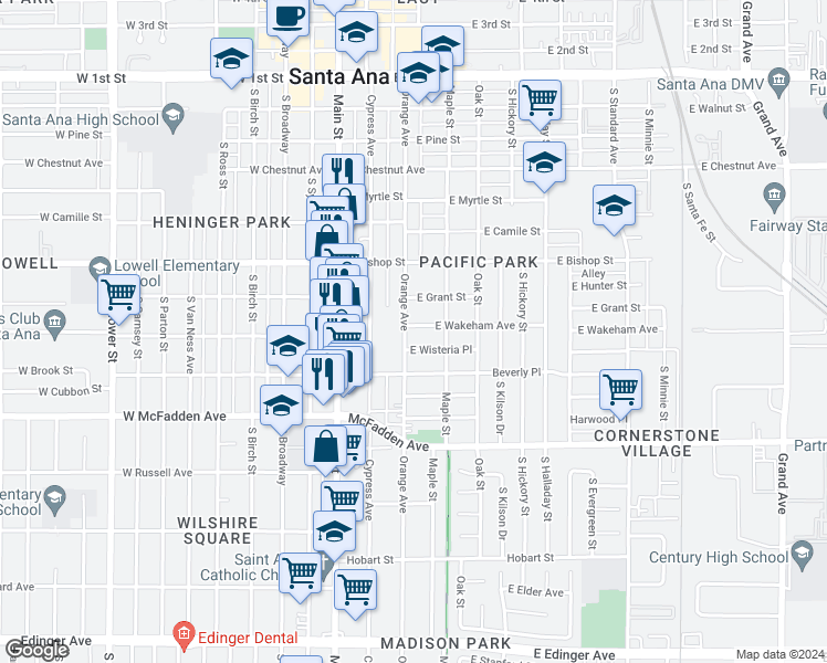 map of restaurants, bars, coffee shops, grocery stores, and more near 903 South Orange Avenue in Santa Ana