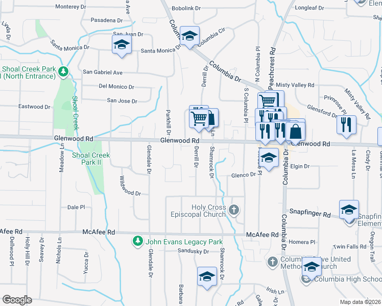 map of restaurants, bars, coffee shops, grocery stores, and more near 1863 Derrill Drive in Decatur