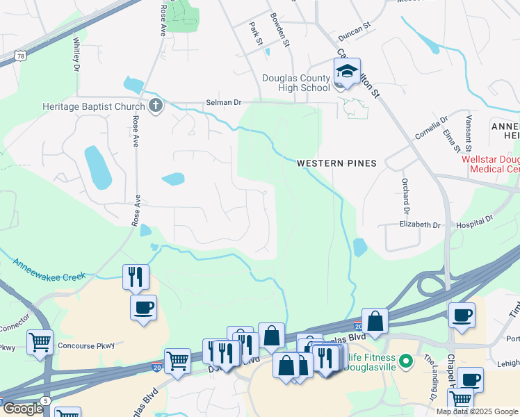 map of restaurants, bars, coffee shops, grocery stores, and more near 8981 Western Pines Drive in Douglasville