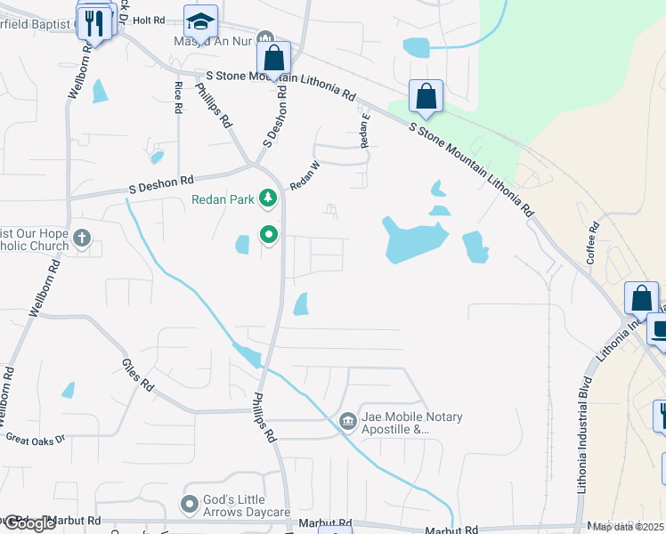 map of restaurants, bars, coffee shops, grocery stores, and more near 6366 Princeton Ridge Drive in Lithonia