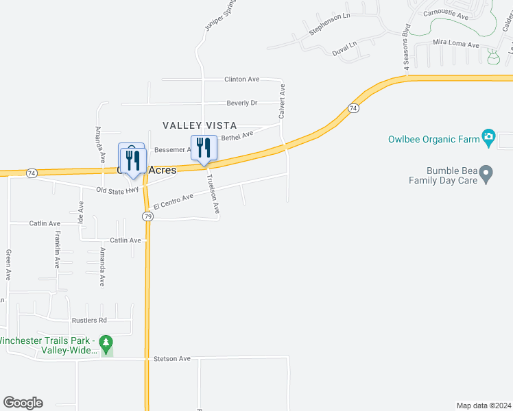 map of restaurants, bars, coffee shops, grocery stores, and more near 26460 Dale Street in Hemet