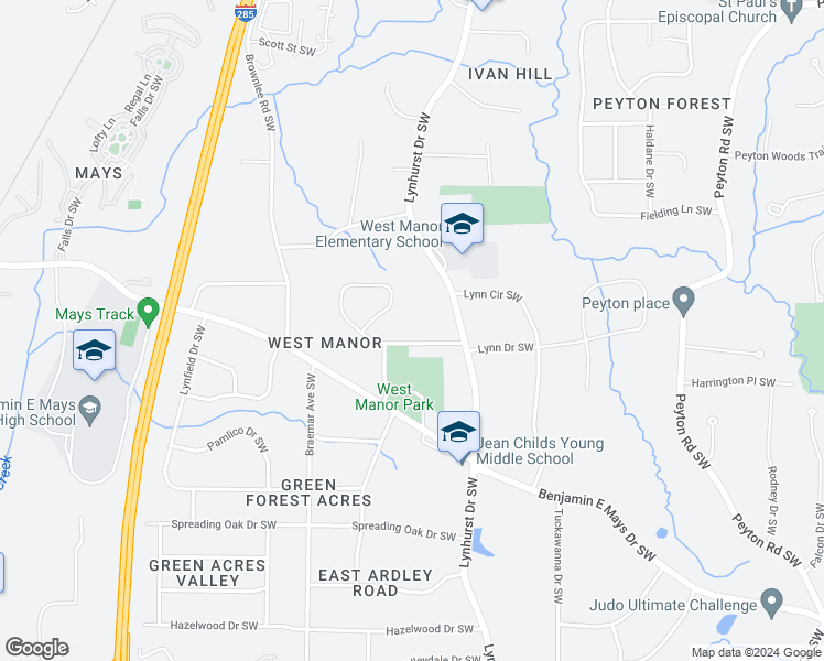 map of restaurants, bars, coffee shops, grocery stores, and more near 3185 West Manor Circle Southwest in Atlanta