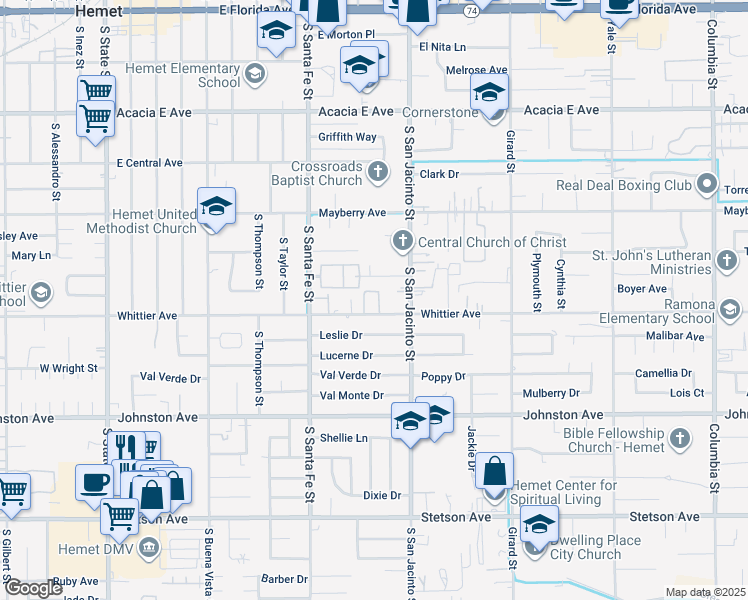 map of restaurants, bars, coffee shops, grocery stores, and more near 1100 East Whittier Avenue in Hemet