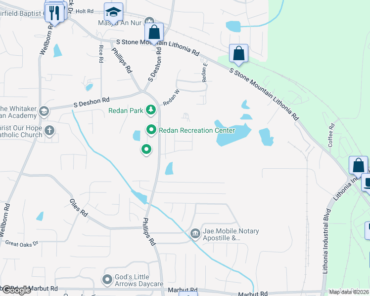 map of restaurants, bars, coffee shops, grocery stores, and more near 1850 Phillips Road in Lithonia