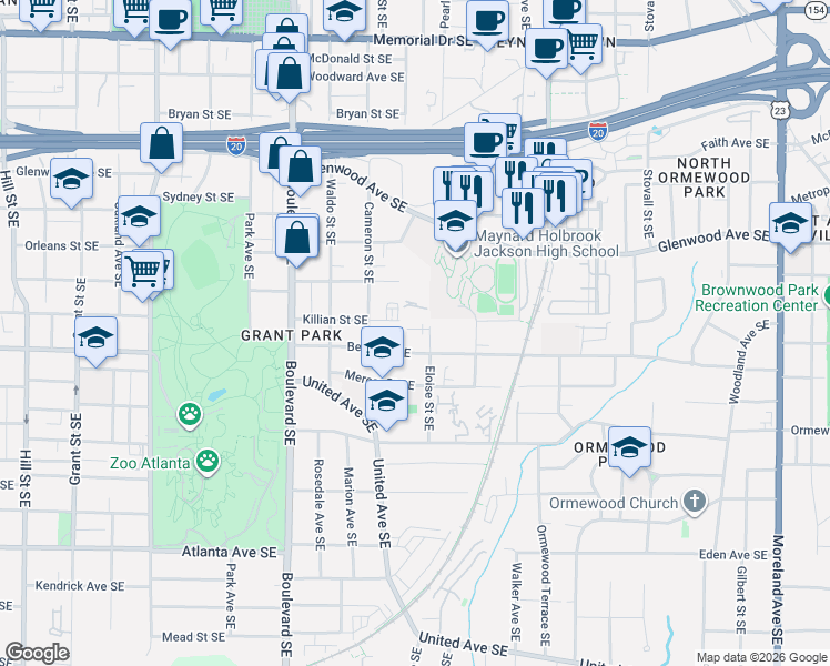 map of restaurants, bars, coffee shops, grocery stores, and more near 737 Berne Street Southeast in Atlanta