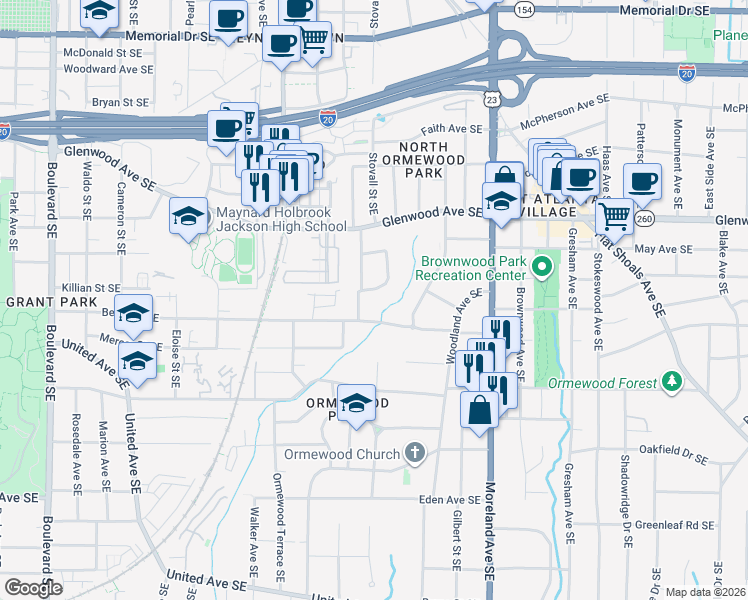 map of restaurants, bars, coffee shops, grocery stores, and more near 620 Warwick Street Southeast in Atlanta