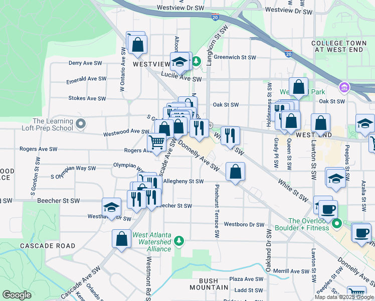 map of restaurants, bars, coffee shops, grocery stores, and more near 1420 Donnelly Avenue Southwest in Atlanta