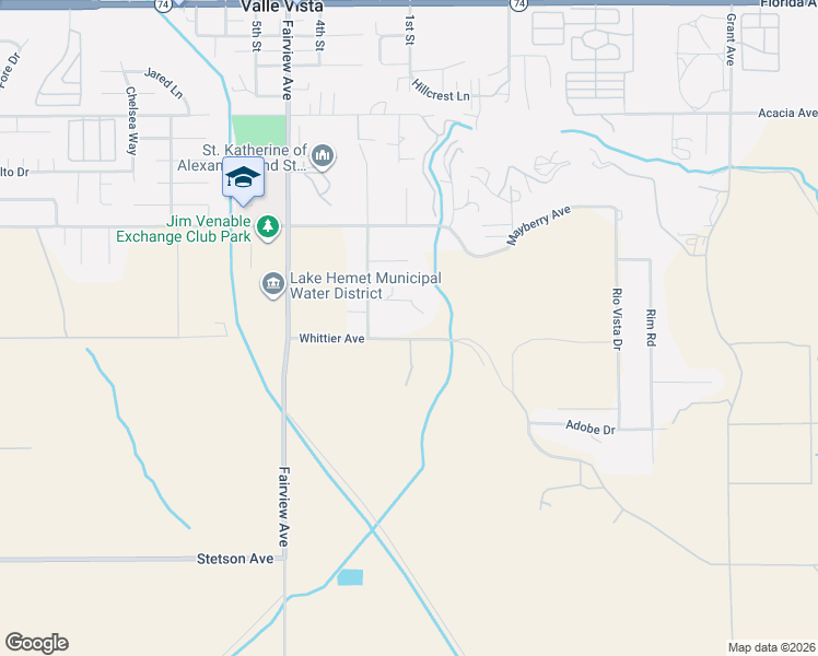 map of restaurants, bars, coffee shops, grocery stores, and more near 44270 Whittier Avenue in Hemet