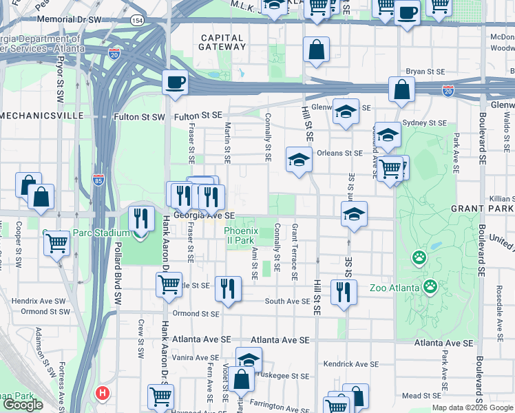 map of restaurants, bars, coffee shops, grocery stores, and more near 170 Georgia Avenue Southeast in Atlanta