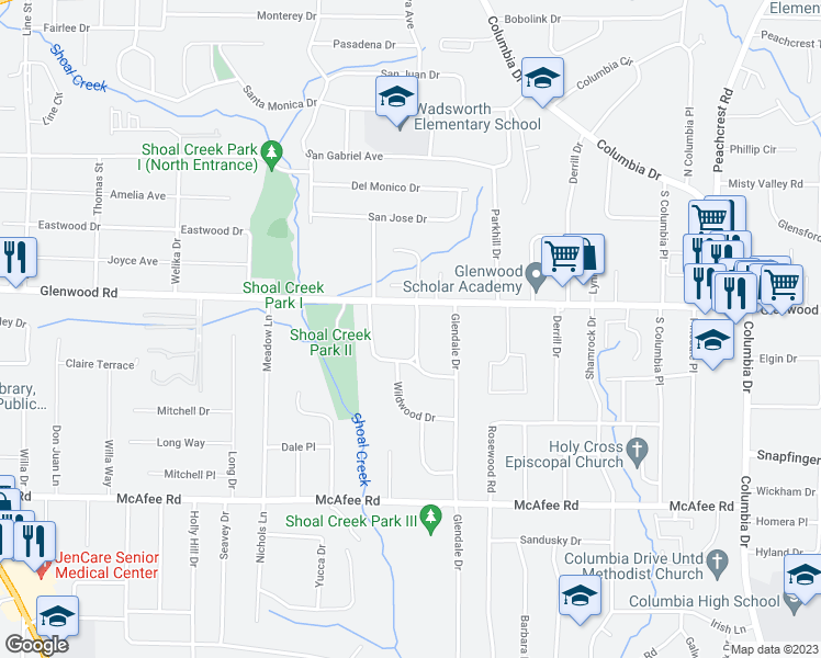 map of restaurants, bars, coffee shops, grocery stores, and more near 1847 Ridgeland Drive in Decatur
