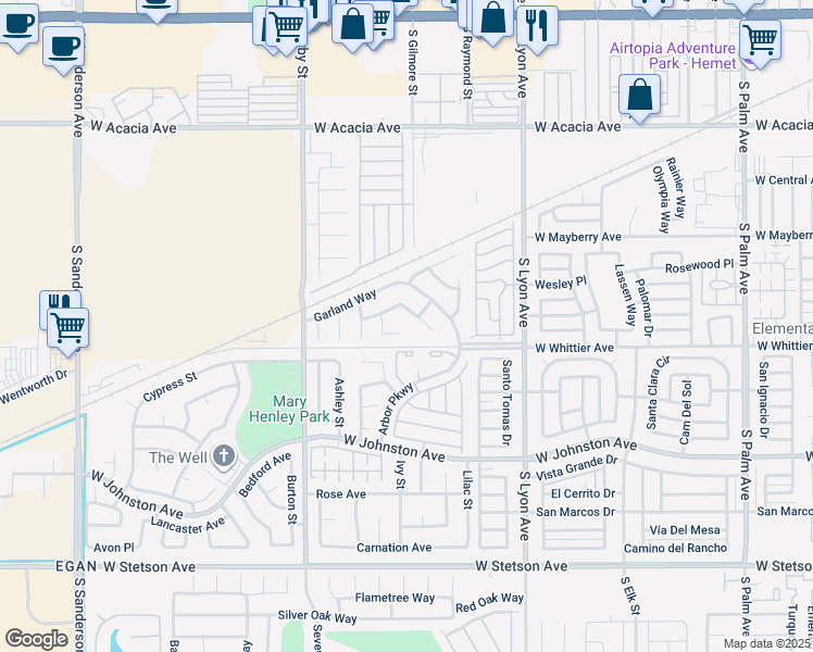 map of restaurants, bars, coffee shops, grocery stores, and more near 2236 Snapdragon Court in Hemet