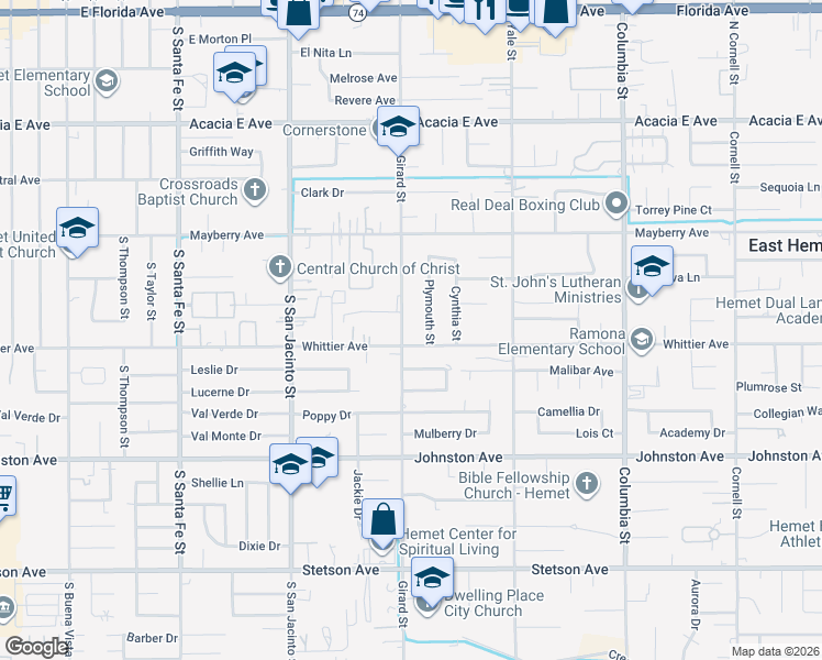 map of restaurants, bars, coffee shops, grocery stores, and more near 26460 Girard Street in Hemet