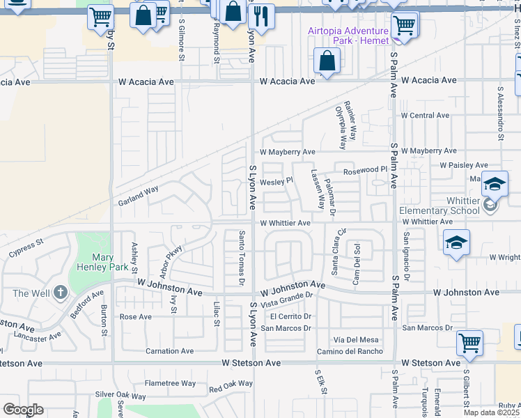 map of restaurants, bars, coffee shops, grocery stores, and more near 651 Whitney Drive in Hemet