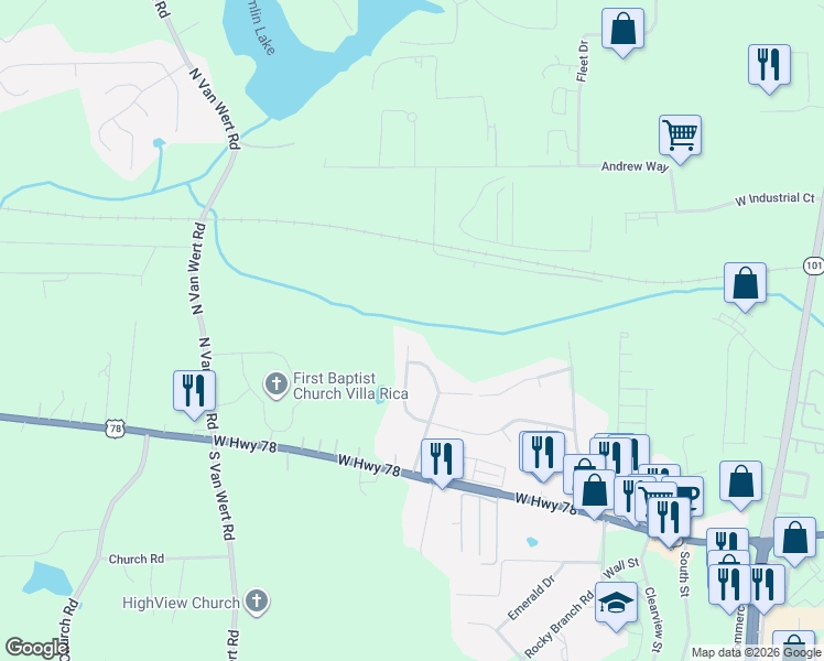 map of restaurants, bars, coffee shops, grocery stores, and more near 177 Melleray Ct in Villa Rica