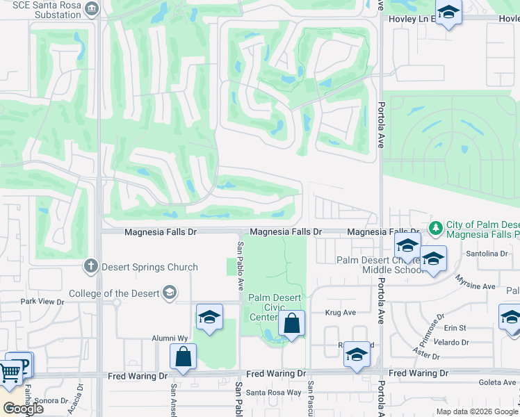 map of restaurants, bars, coffee shops, grocery stores, and more near 257 Calle Del Verano in Palm Desert