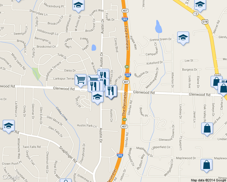 map of restaurants, bars, coffee shops, grocery stores, and more near 4533 Glenwood Rd in Decatur