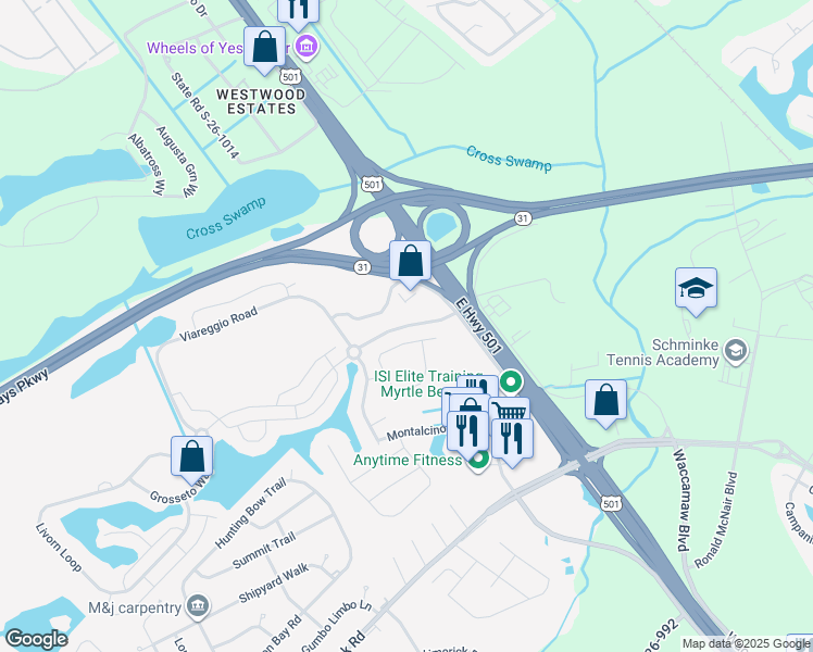 map of restaurants, bars, coffee shops, grocery stores, and more near Tuscany Grande Boulevard in Myrtle Beach