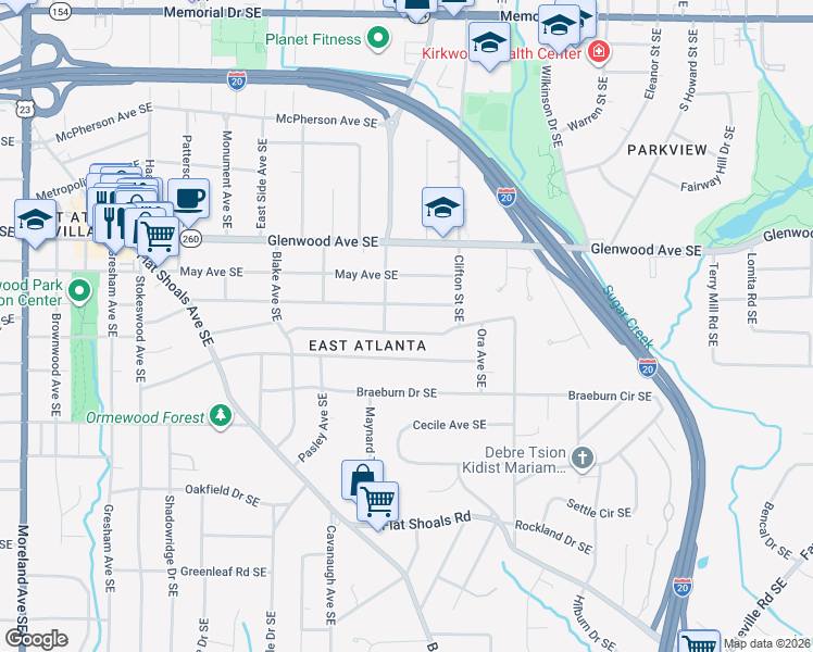 map of restaurants, bars, coffee shops, grocery stores, and more near 1636 Van Epps Street Southeast in Atlanta