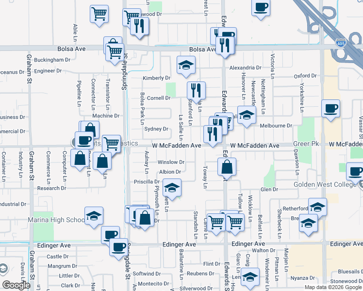 map of restaurants, bars, coffee shops, grocery stores, and more near 15555 La Salle Lane in Huntington Beach