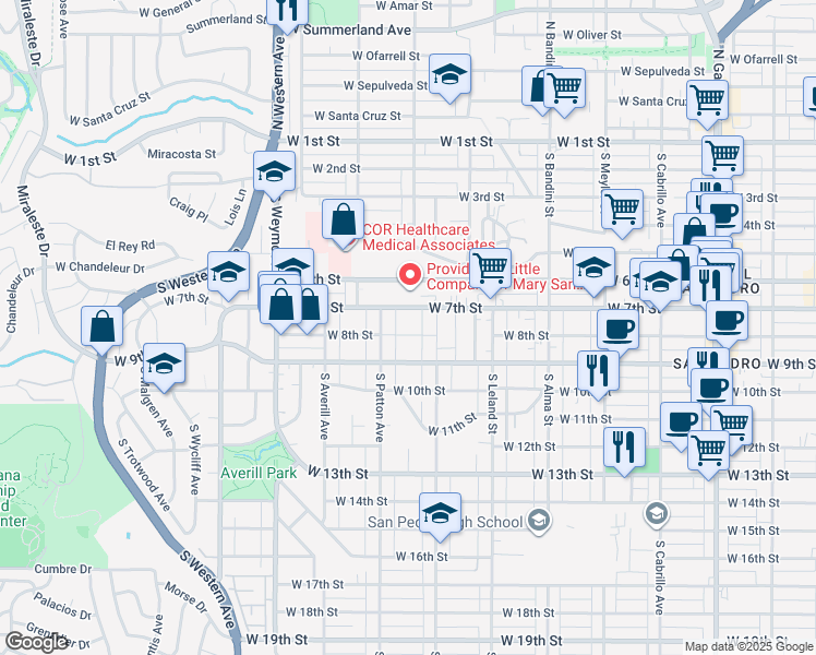 map of restaurants, bars, coffee shops, grocery stores, and more near 1300 West 7th Street in Los Angeles
