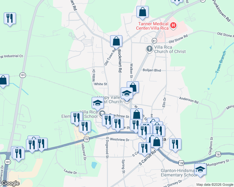 map of restaurants, bars, coffee shops, grocery stores, and more near 703 Magnolia Street in Villa Rica